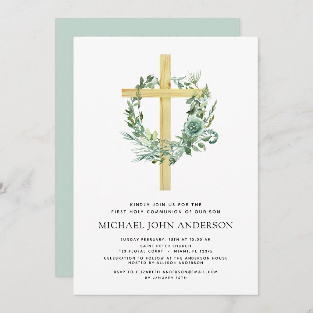 Convite Primeira Comunhão Sagrada, Eucalyptus Invi (Frente/Verso)