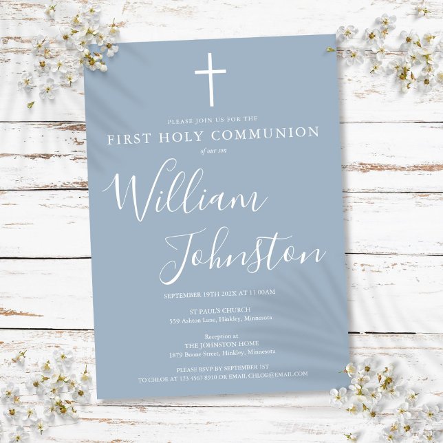 Convite Primeira Comunhão Sagrada, Moderno, Azul (First Holy Communion Modern Dusty Blue Invitation)