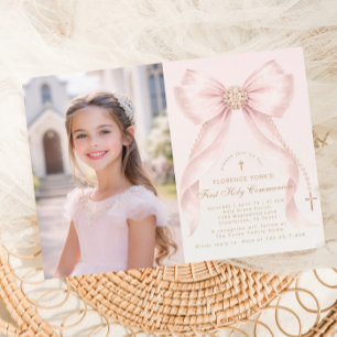 Convite Primeira Comunhão Sagrada Rosa Bege Arco Cristão