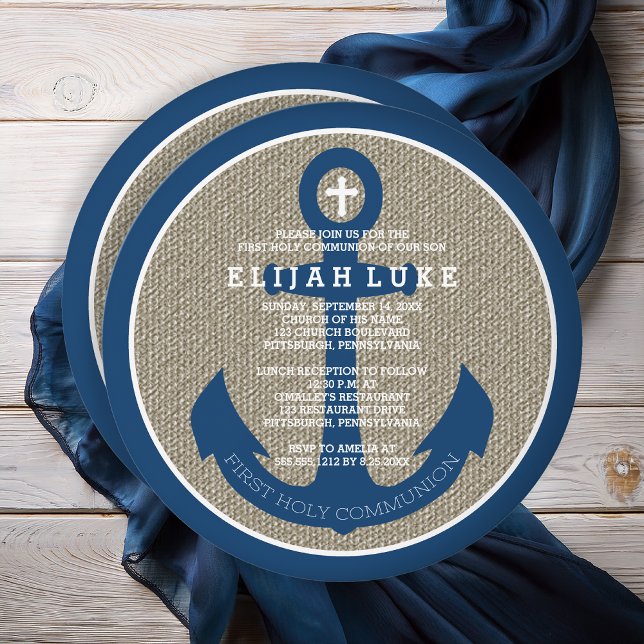 Convite Primeira Comunhão Santa | Ancoragem Náutica (First Holy Communion Boy Nautical Anchor Round Invitation - Print | Digital Download)