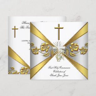 Convite Primeira Comunhão Santa Menina Dourado Branco Flor