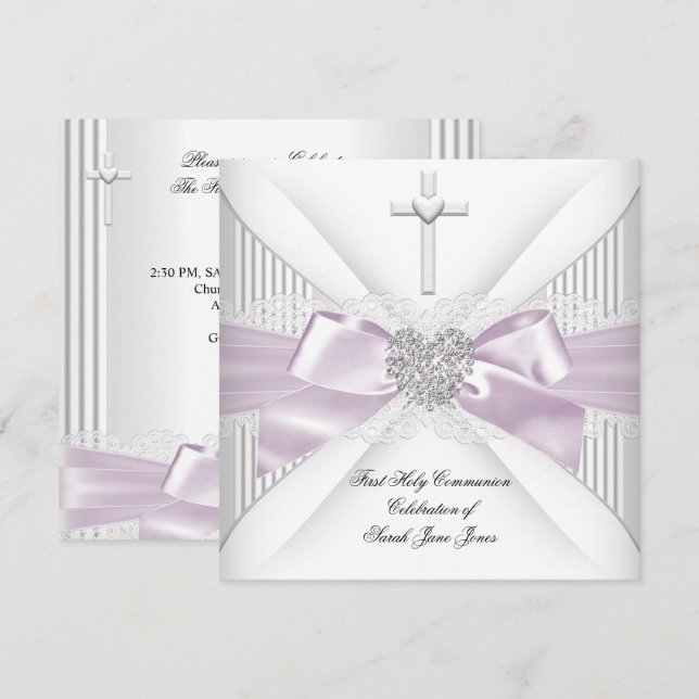 Convite Primeira Comunhão Santa Menina Rosa Branco Coração (Frente/Verso)