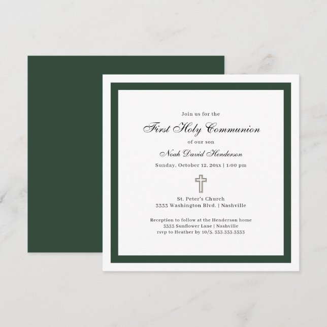 Convite Primeira Comunhão Simples Esmeralda Verde Branco (Frente/Verso)