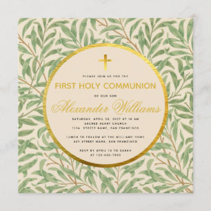 Convite Primeira Comunhão Verde Folhagem Dourado Falso Neu