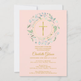 Convite Primeira Comunhão Verde Rosa Bege Dourado