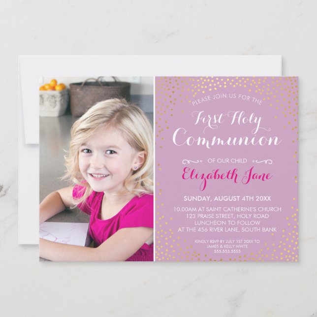 Convite PRIMEIRA COMUNIÃO HOLY mini-gold confetti roxo (Frente)