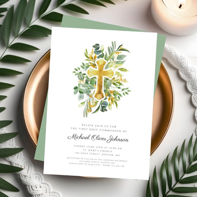 Convite Primeira Comunicação da Cruz Botânica Elegante (Elegant Botanical Cross First Communion Invitation)
