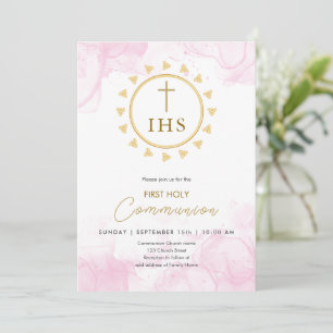 Convite Primeira comunicação Dourada com a inscrição IHS C