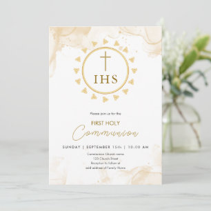 Convite Primeira comunicação Dourada com a inscrição IHS C