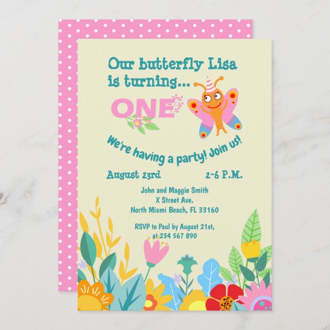 Convite Primeira festa de aniversário de borboleta (Frente/Verso)