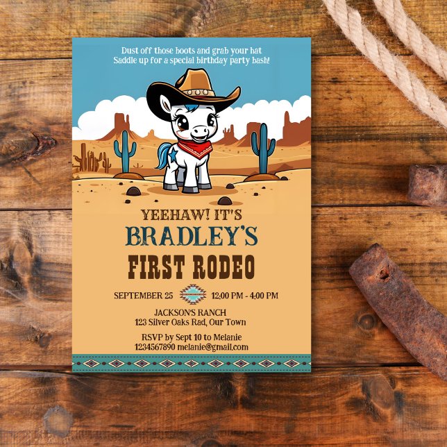 Convite Primeira festa de aniversário de cavalo de cowboy  (First rodeo cute baby cowboy horse birthday party template invitation instant download western theme)