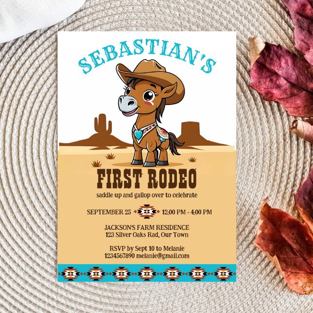 Convite Primeira festa de aniversário de cavalo de cowboy  (First rodeo western birthday party template invitation digital download cute baby horse cowboy hat)