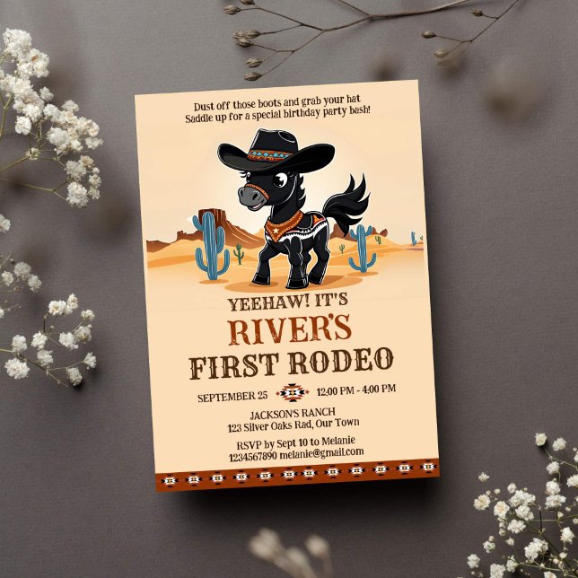 Convite Primeira festa de aniversário de cavalo de cowboy  (First rodeo cowboy western birthday party template invitation instant download cute black horse )