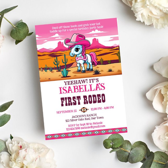 Convite Primeira festa de aniversário de cavalo de cowboy  (First rodeo pink cowgirl baby horse birthday party template invitation digital download wild west)