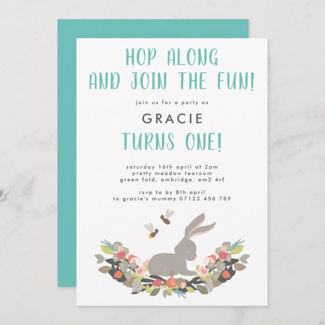 Convite Primeira Festa de aniversário de coelho de Primave (Frente/Verso)
