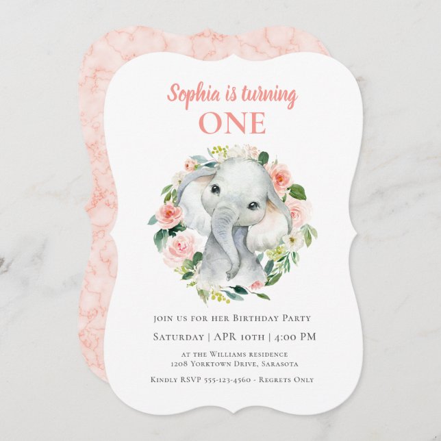 Convite Primeira Festa de aniversário de Elefante de Bebê (Frente/Verso)