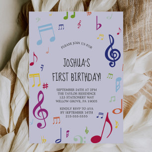 Convite Primeira Festa de aniversário de Nota Musical Colo