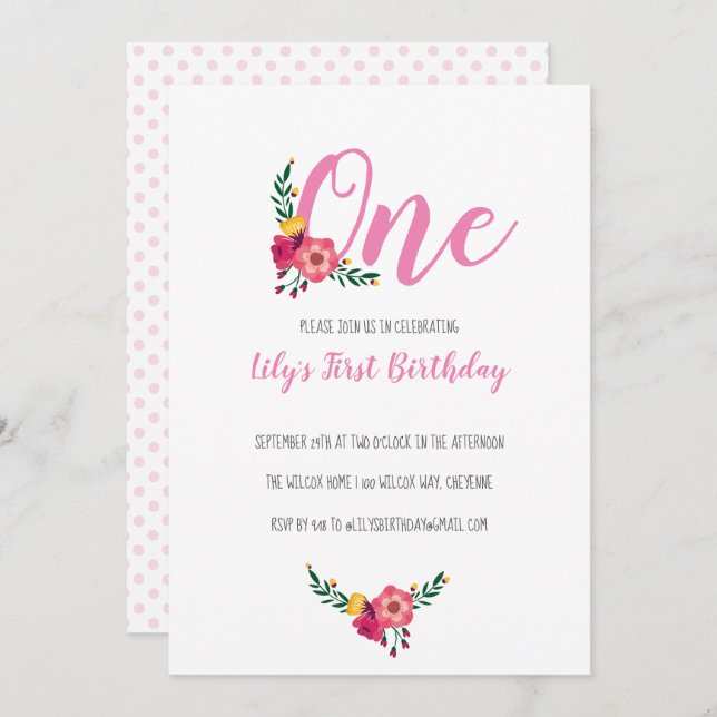 Convite Primeira Festa de aniversário de uma menina Floral (Frente/Verso)