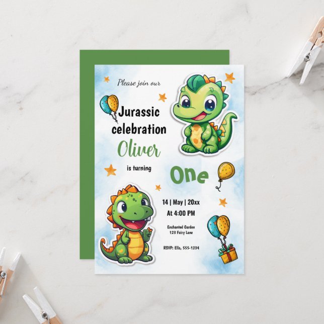 Convite Primeira Festa de aniversário do Cartoon Dinossaur (Frente/Verso In Situ)