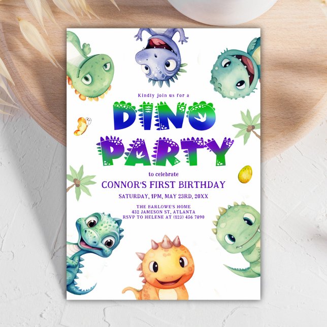 Convite Primeira Festa de aniversário do Dinossauro de Cad (Cute Watercolor Dinosaur First Birthday Party Invitation)