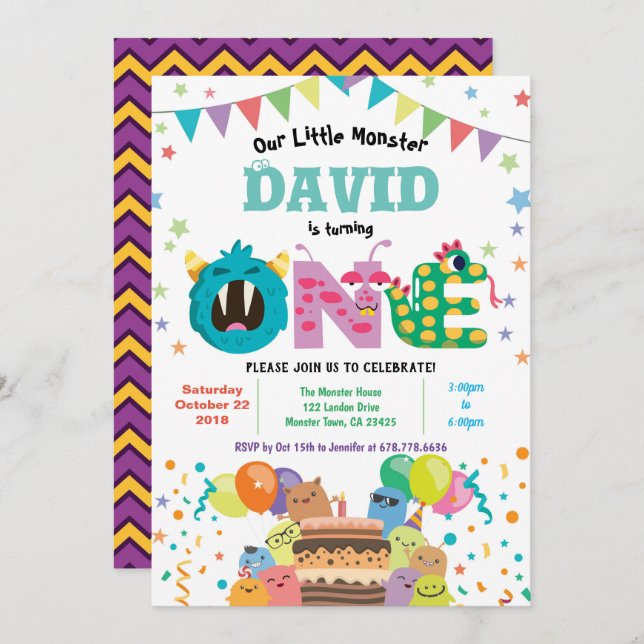 Convite Primeira festa de aniversário do monstro. Filhote, (Frente/Verso)