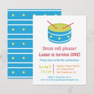 Convite Primeira Festa de aniversário do Roll do Tambor A