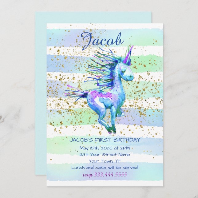 Convite Primeira Festa de aniversário do Unicorn Magic Wat (Frente/Verso)