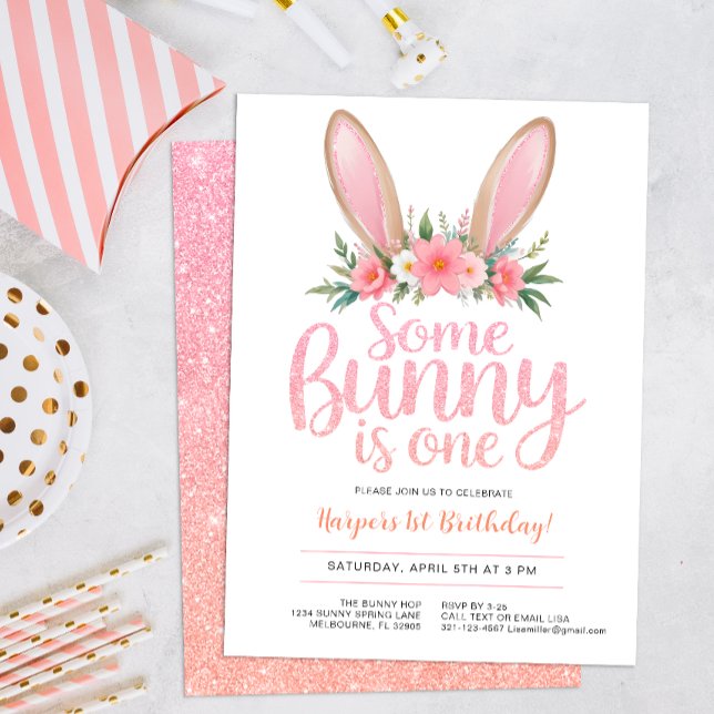Convite Primeira Festa de aniversário Floral de Bunny Link (Some Bunny is one, birthday invite.)