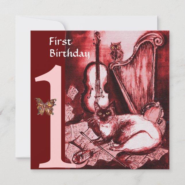 Convite Primeira Festa de aniversário MUSICAL CAT, Dourado (Frente)