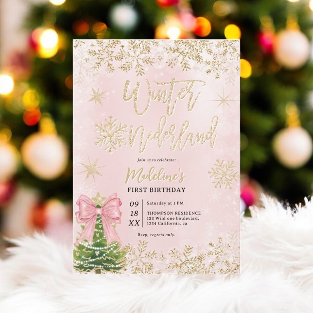 Convite Primeira Festa de aniversário Pink Winter Wonderla (Gold Pink Winter Wonderland First Birthday Party Invitation)