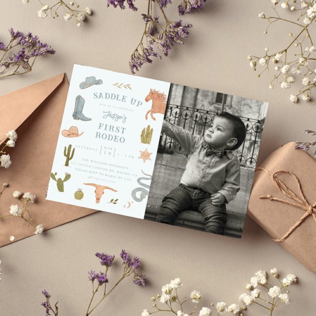 Convite Primeira Foto de Festa de aniversário Rodeo Cowboy (Criador carregado)