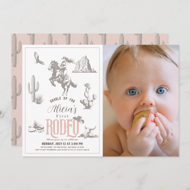 Convite Primeira Foto do primeiro aniversario Rosa Rodeo C (Frente/Verso)