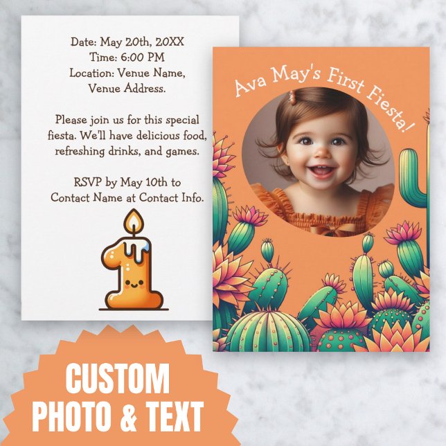 Convite Primeira Foto Personalizada Fiesta Cactus Birthday (First Fiesta Cactus Birthday Custom Photo Invitation)