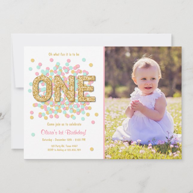 Convite Primeira hortelã do ouro do rosa da menina do (Frente)