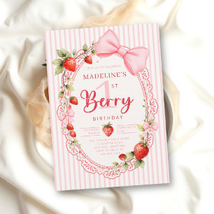 Convite Primeira listra de morango Berry 1º aniversário