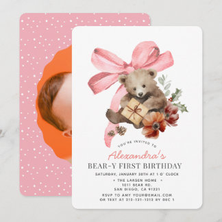 Convite Primeira Menina com Laço Rosa Beary 1º Aniversário