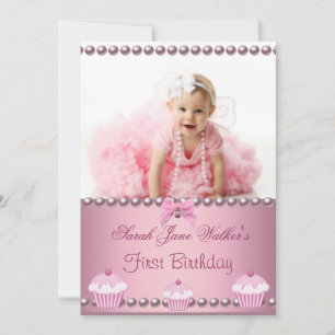Convite Primeira menina de 1º aniversário Cupcakes Rosa Be
