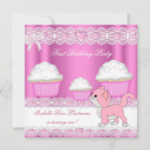 Convite Primeira menina de 1 ano de idade Cupcakes Rosa Ga