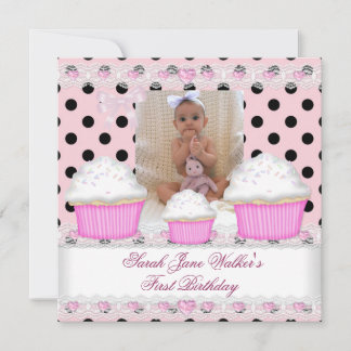 Convite Primeira Menina de Aniversário Cupcakes Rosa Preto