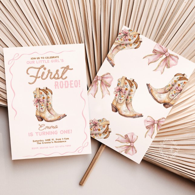 Convite Primeira primeiro aniversario de rodeio convidada (first rodeo birthday invite, cowgirl 1st birthday party, pink bow rodeo invitation, western birthday)