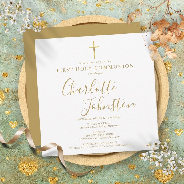 Convite Primeira Sagrada Assinatura Dourada Elegante Comun (First Holy Communion Elegant Gold Signature Invitation)