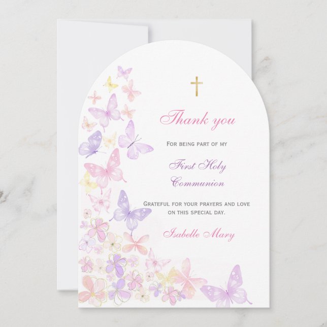 Convite Primeira Sagrada borboleta Rosa, Obrigado (Frente)
