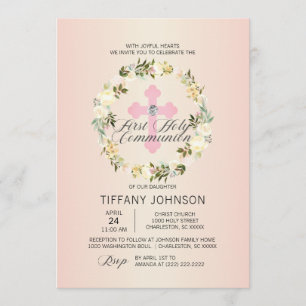 Convite Primeira Sagrada comuna Floral Rosa Cruzada-Rosa +