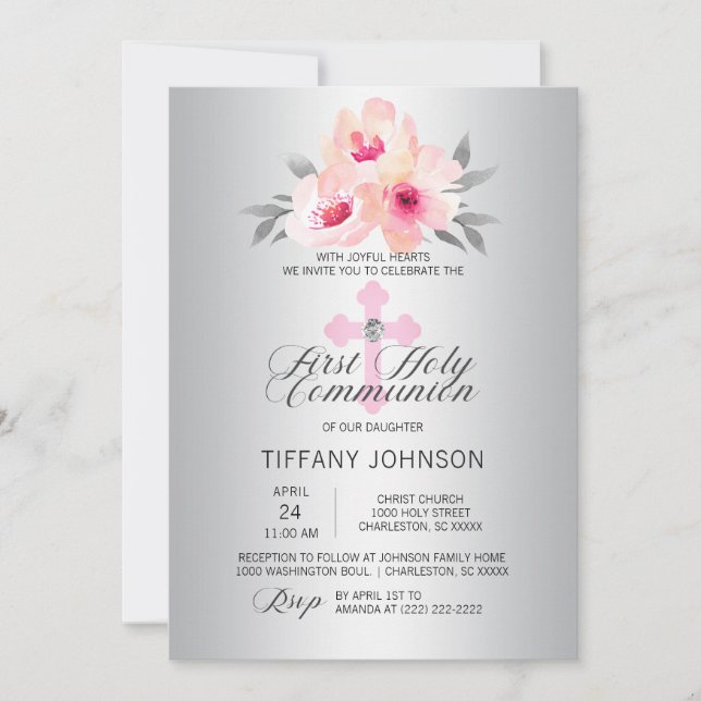 Convite Primeira Sagrada comuna Floral Rosa Cruzada-Rosa + (Frente)