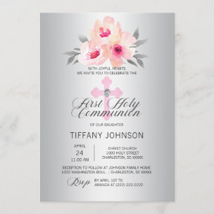 Convite Primeira Sagrada comuna Floral Rosa Cruzada-Rosa +