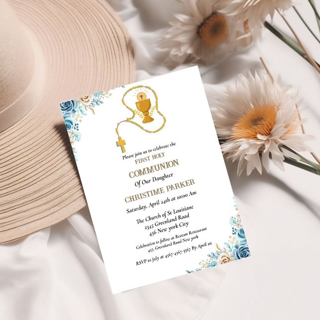 Convite Primeira Sagrada comunhão aquarela azul floral (Criador carregado)
