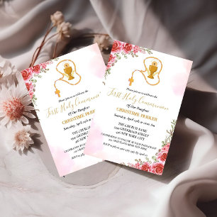 Convite Primeira Sagrada comunhão de aquarela Cor rosa flo