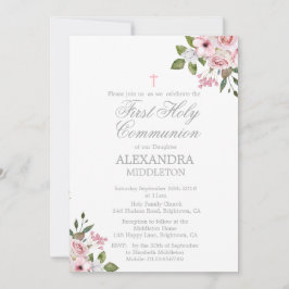 Convite Primeira Sagrada Comunhão de Rosas Rosa Elegante