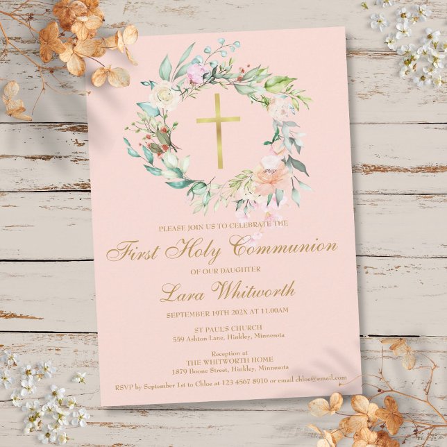 Convite Primeira Sagrada Comunhão Dourada Cruz Blush Rosa  (First Holy Communion Gold Cross Blush Pink Floral Invitation)