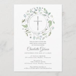 Convite Primeira Sagrada Comunhão Greenery Silver Cross
